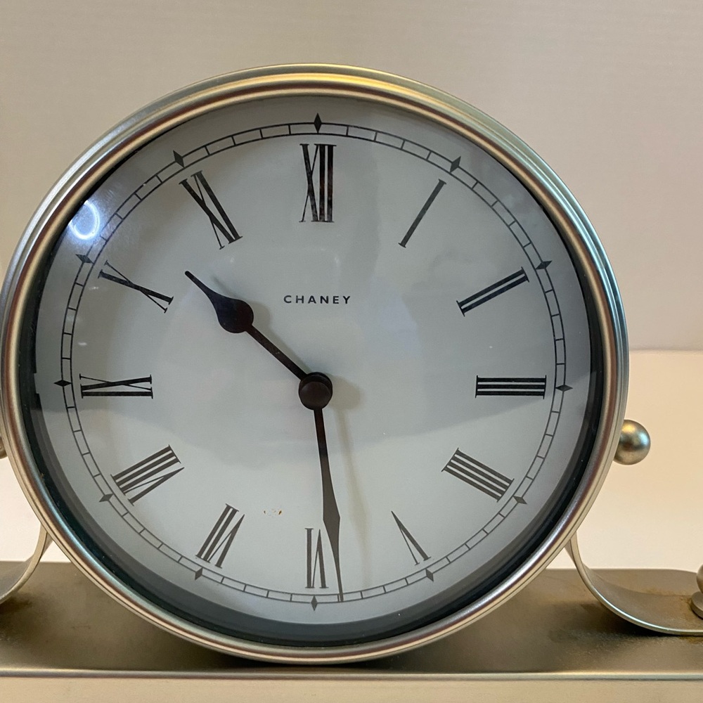 Chaney Clock Mantel/Desk . Brushed Silver. Sleek Design.  1 AA Battery Works
